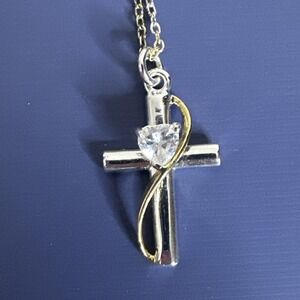Sterling Silver Double Sided Cross Necklace with Cubic Zirconia & 18" Chain